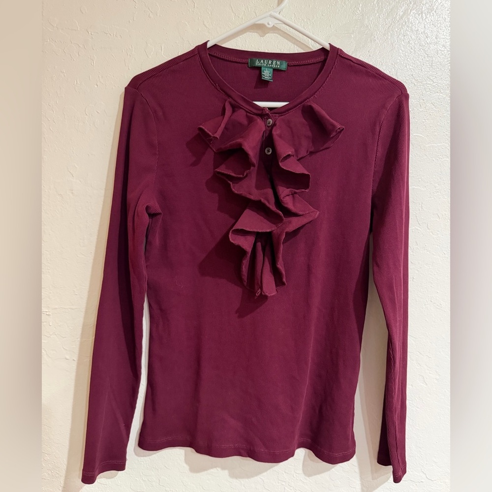 Lauren Ralph Lauren Women's Burgundy Ruffle Front Long Sleeve Cotton Top size L - Picture 2 of 5